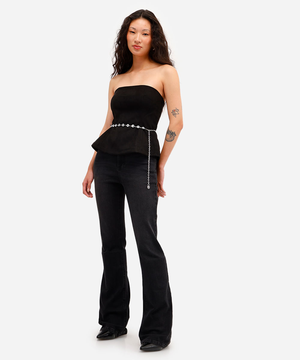 blusa peplum feminina sem alça de suede preta