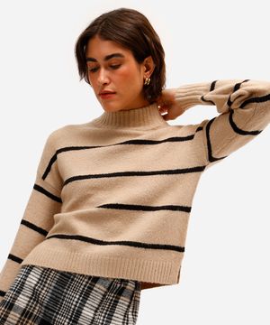 suéter básico feminino de tricot  gola alta listrado bege
