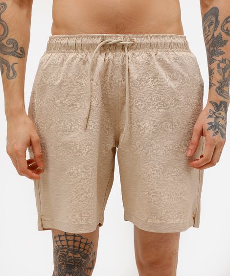 short masculino cós elástico texturizado bege