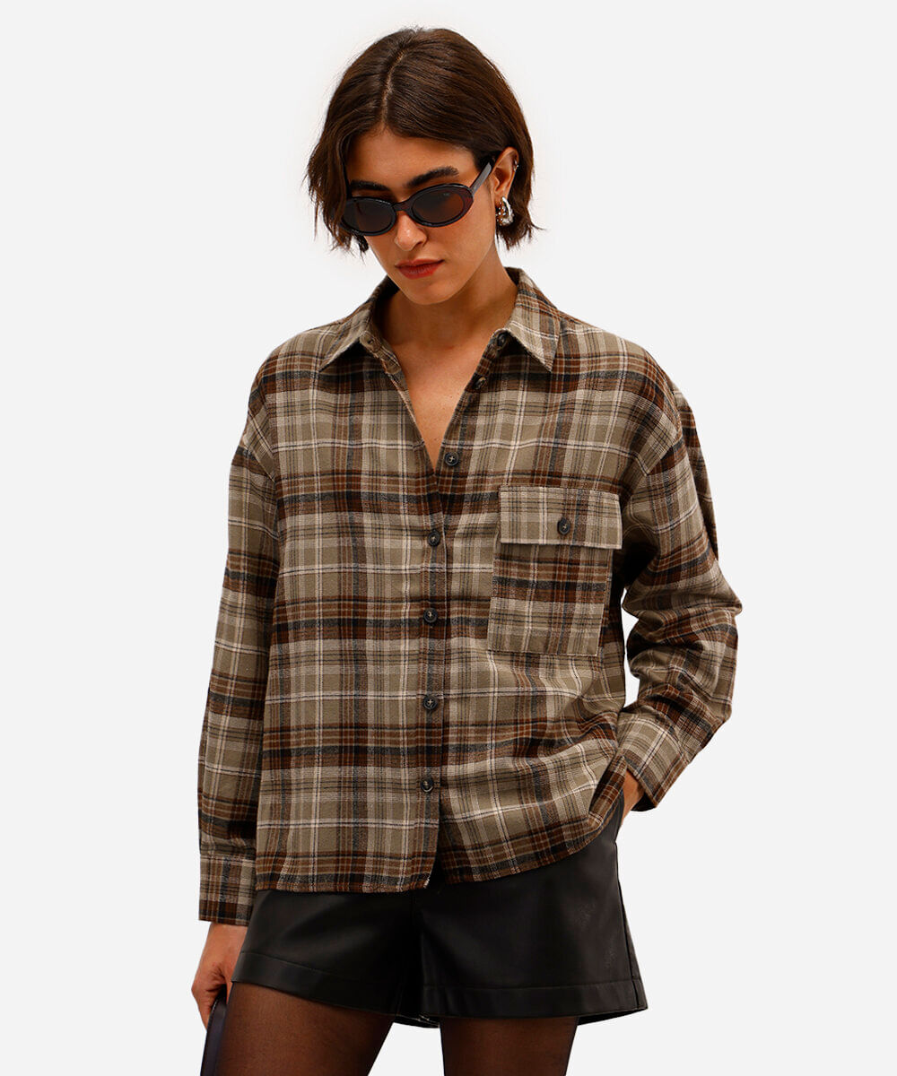 camisa feminina manga longa xadrez verde