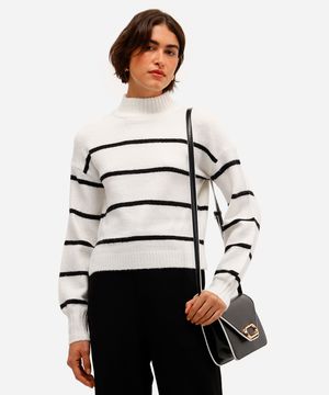 suéter básico feminino de tricot  gola alta listrado off white