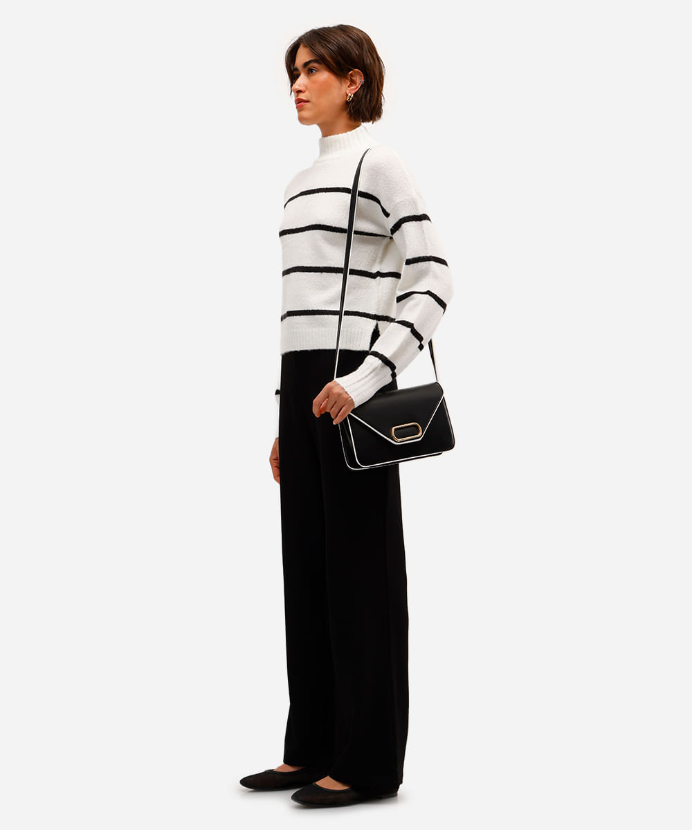 suéter básico feminino de tricot  gola alta listrado off white