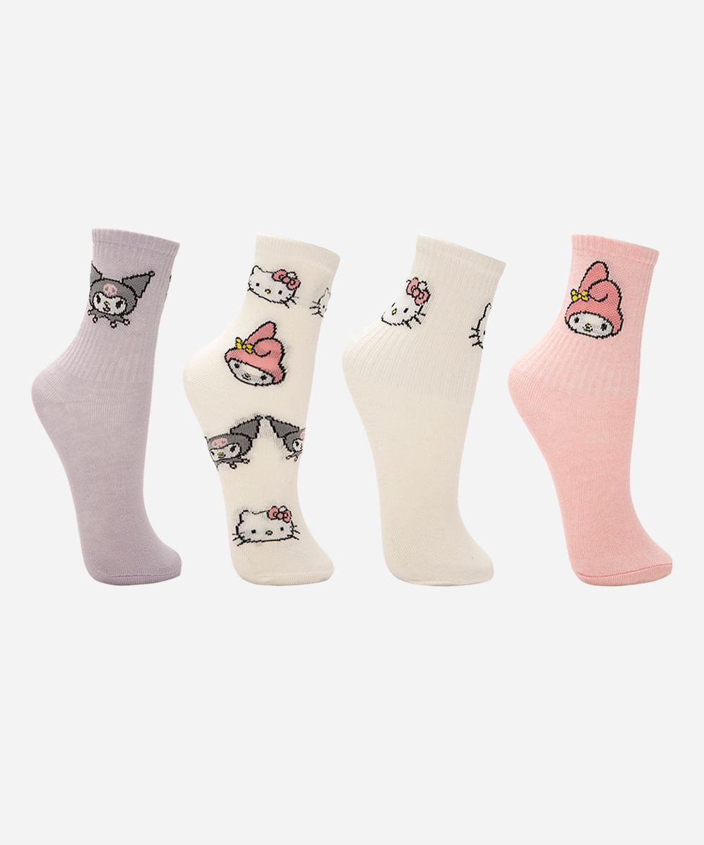 kit de 4 meias infantis cano alto hello kitty e amigos colorida