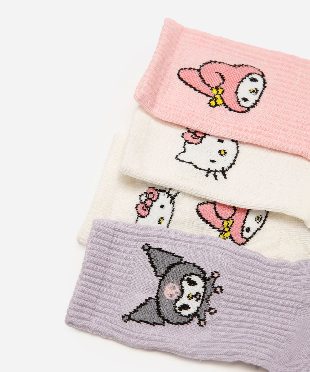 kit de 4 meias infantis cano alto hello kitty e amigos colorida