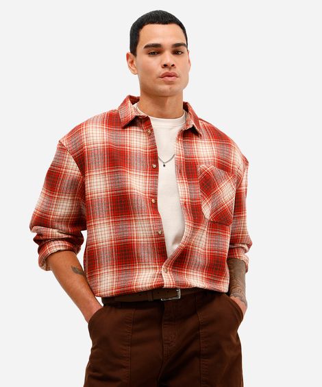 camisa masculina de algodão manga longa xadrez vermelha