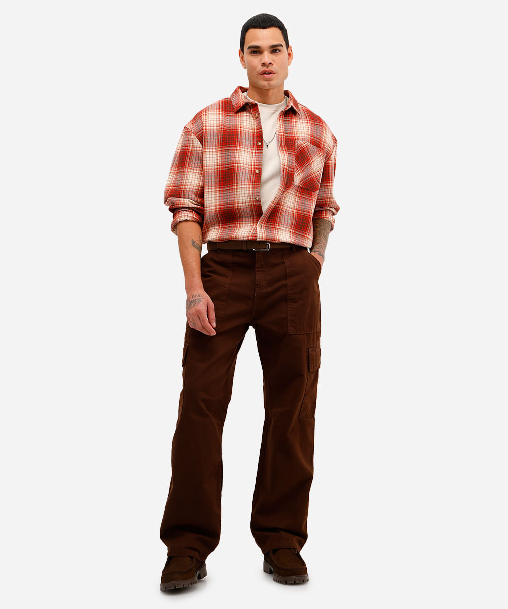camisa masculina de algodão manga longa xadrez vermelha