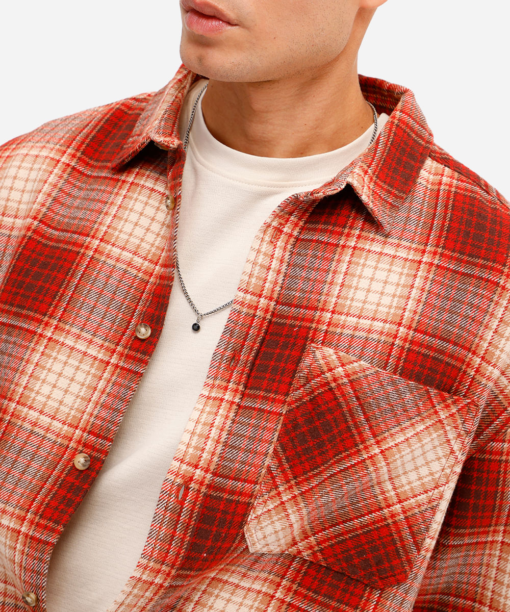 camisa masculina de algodão manga longa xadrez vermelha