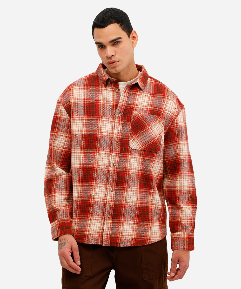 camisa masculina de algodão manga longa xadrez vermelha
