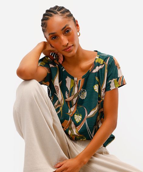 blusa feminina de algodão manga curta folhagem verde