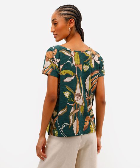 blusa feminina de algodão manga curta folhagem verde