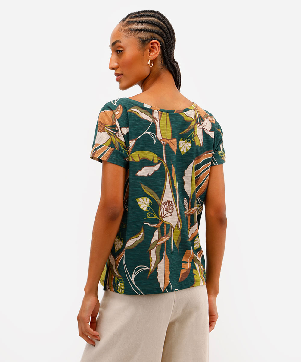 blusa feminina de algodão manga curta folhagem verde