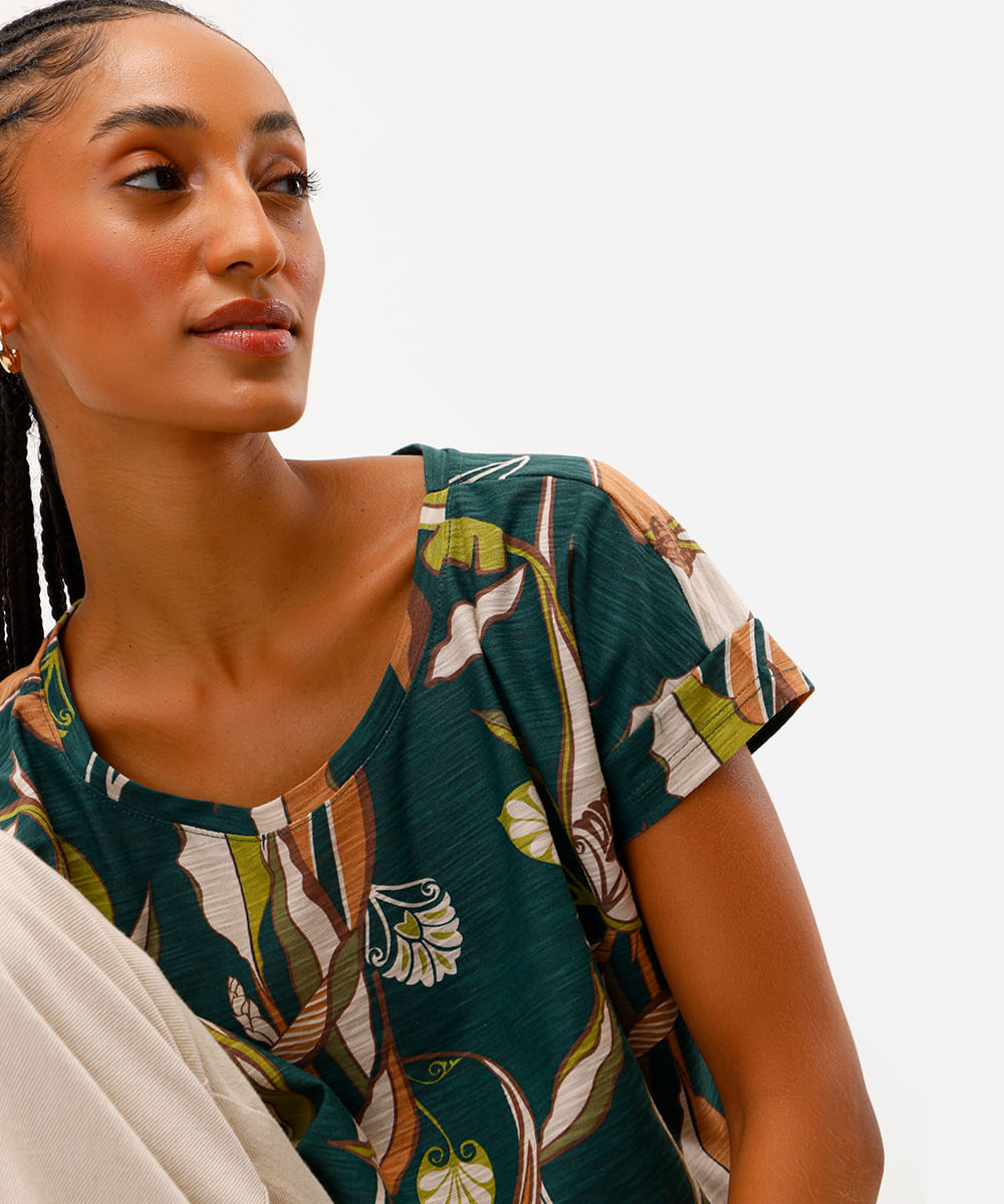 blusa feminina de algodão manga curta folhagem verde