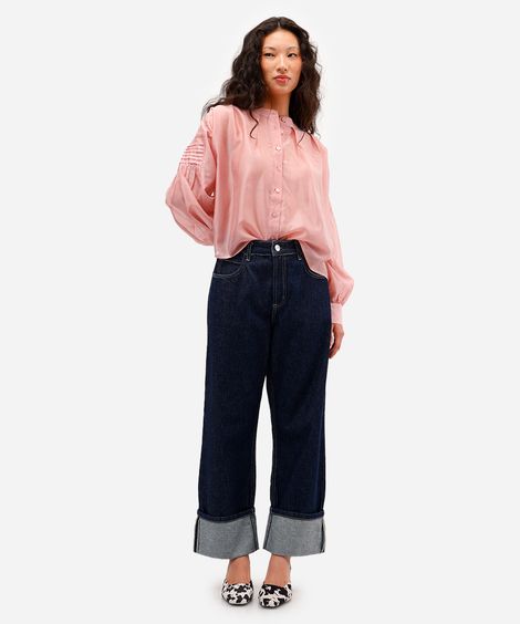 calça reta feminina jeans barra dobrada azul