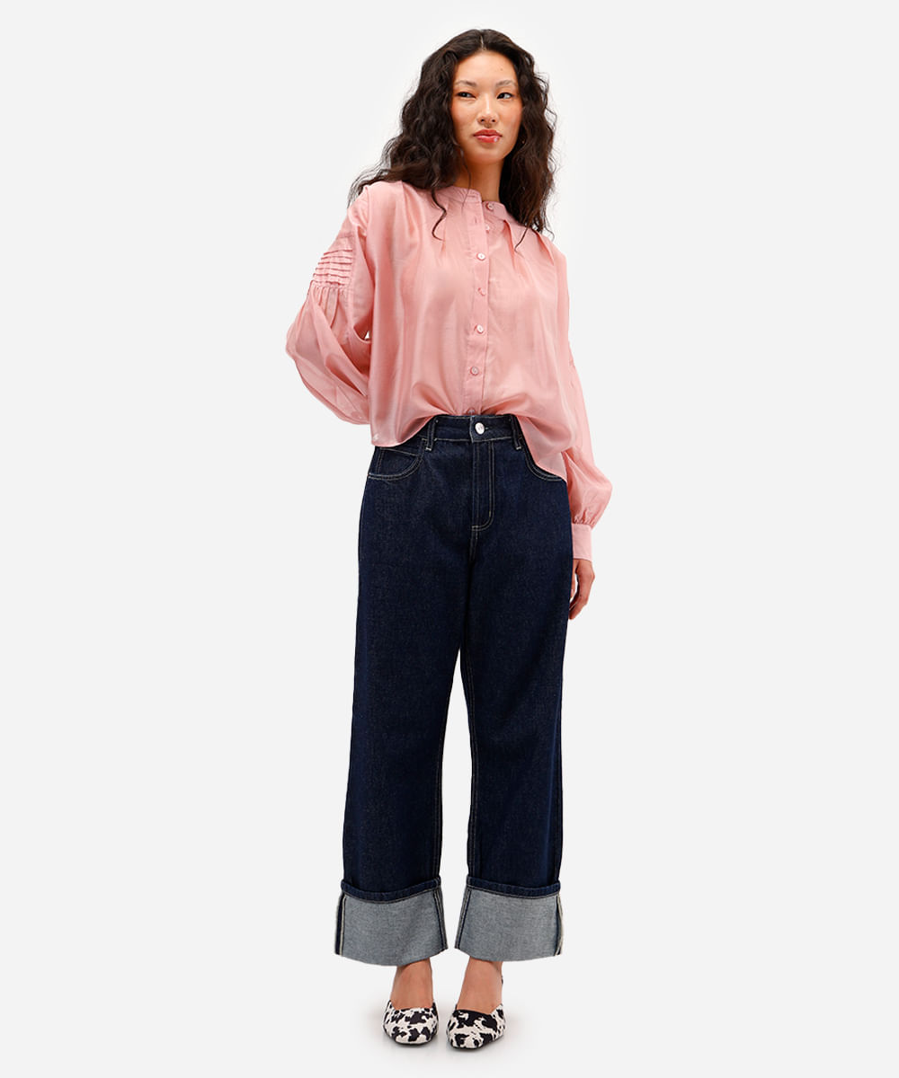 calça reta feminina jeans barra dobrada azul