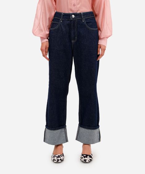 calça reta feminina jeans barra dobrada azul