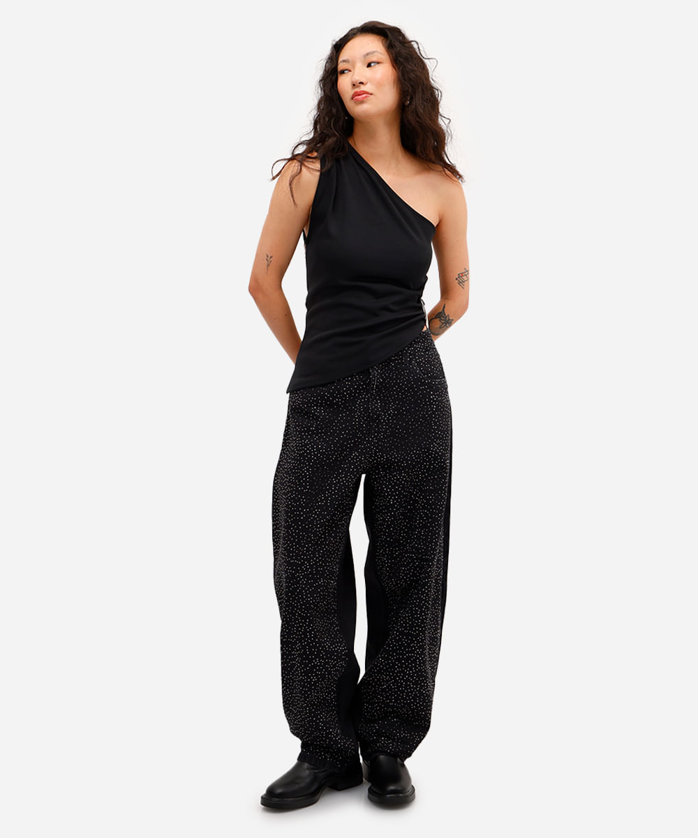 calça baggy feminina jeans com brilhos preta