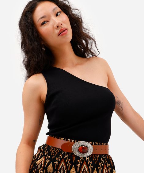 blusa ombro único feminino de tricot preta