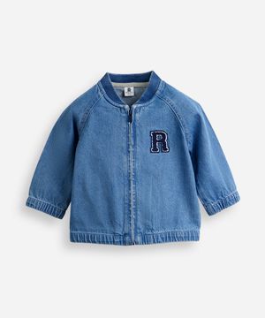jaqueta bomber infantil jeans com bordado azul
