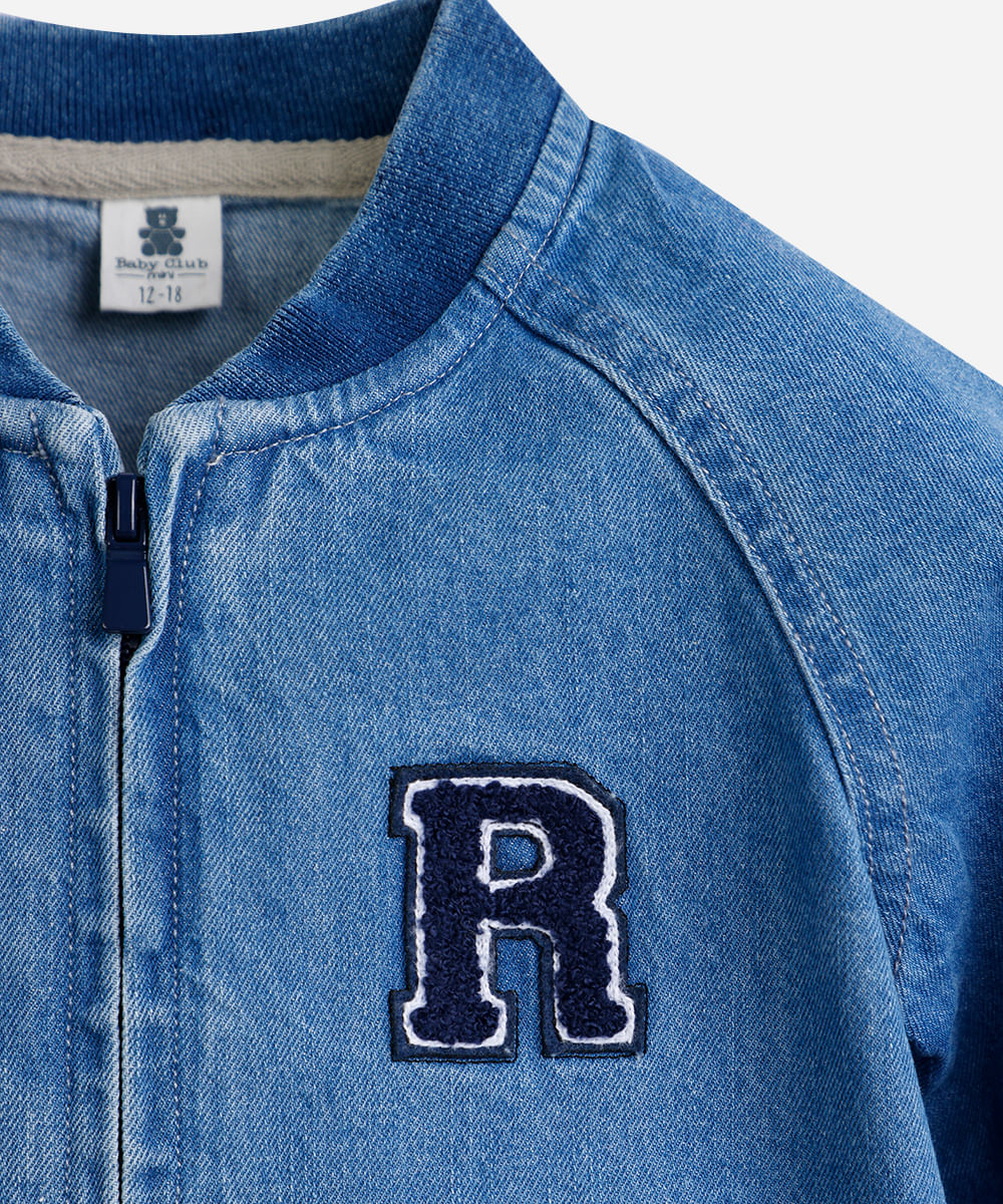 jaqueta bomber infantil jeans com bordado azul