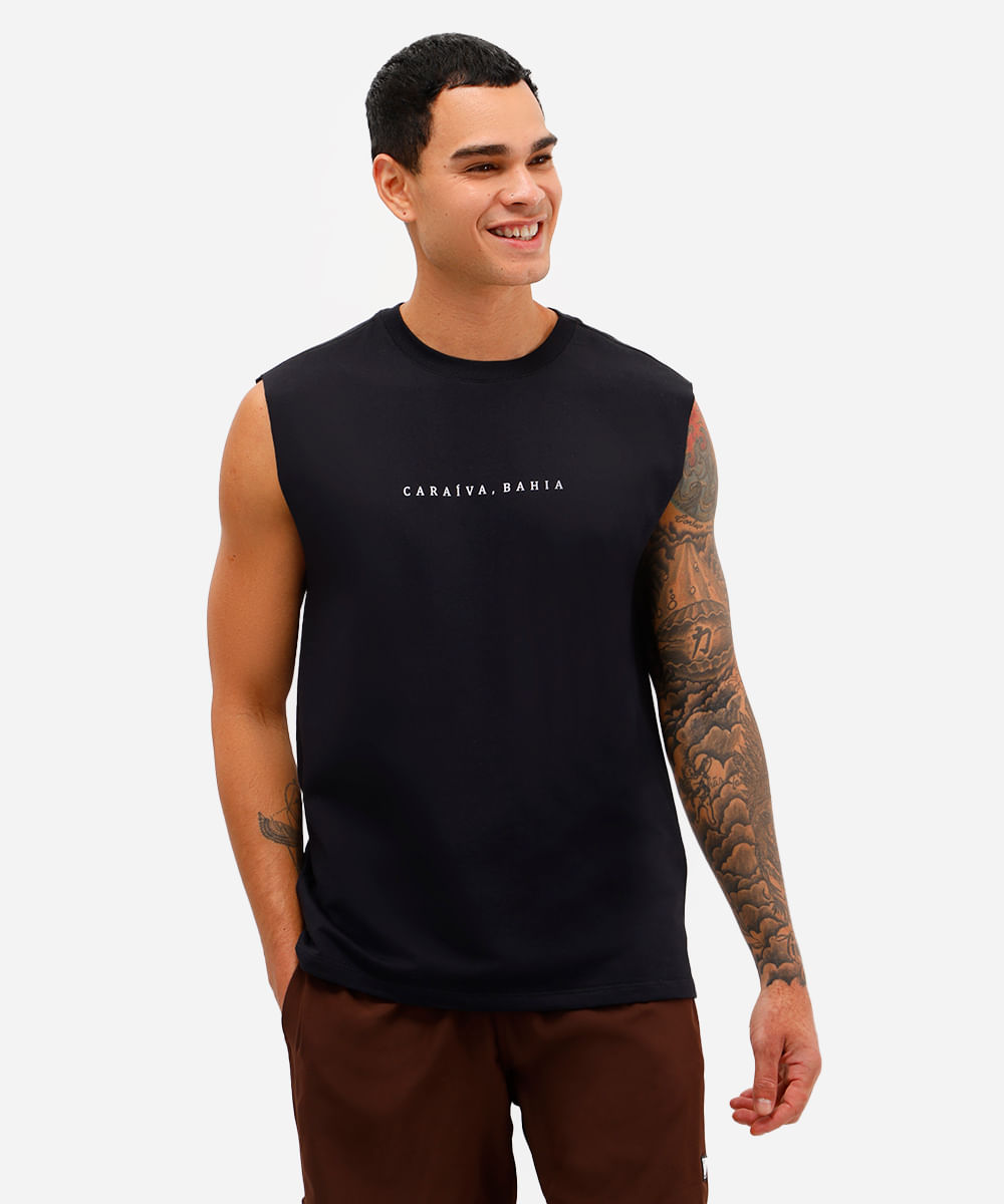regata machão masculina estampada preta
