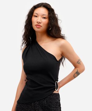 blusa ombro único assimétrica preta