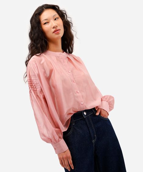 camisa feminina de liocel manga longa com pregas rosa
