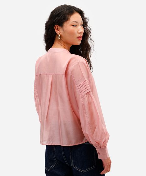 camisa feminina de liocel manga longa com pregas rosa