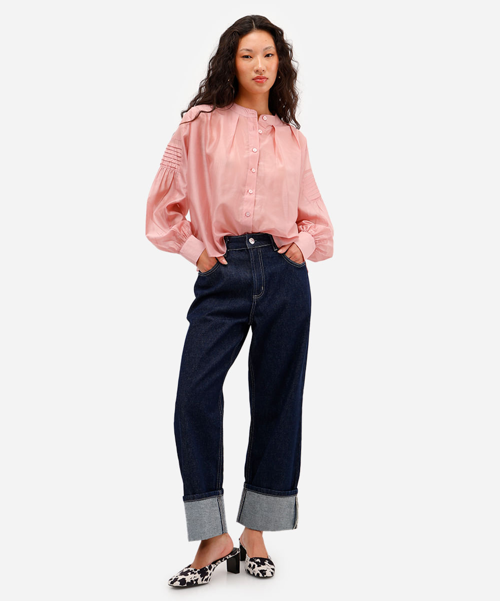 camisa feminina de liocel manga longa com pregas rosa