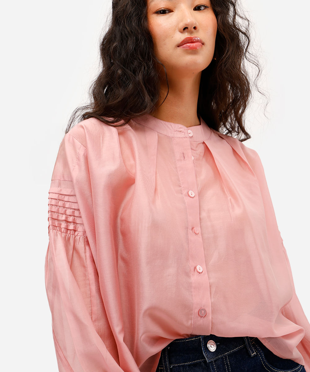 camisa feminina de liocel manga longa com pregas rosa