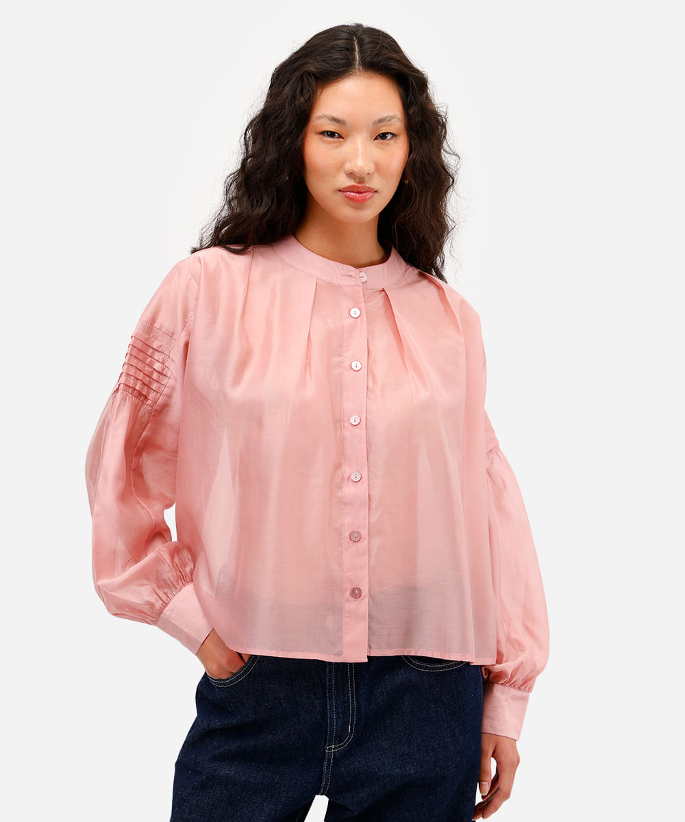 camisa feminina de liocel manga longa com pregas rosa