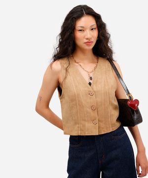 colete feminino de suede decote v - marrom