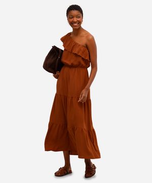 vestido ombro único feminino com babado texturizado marrom