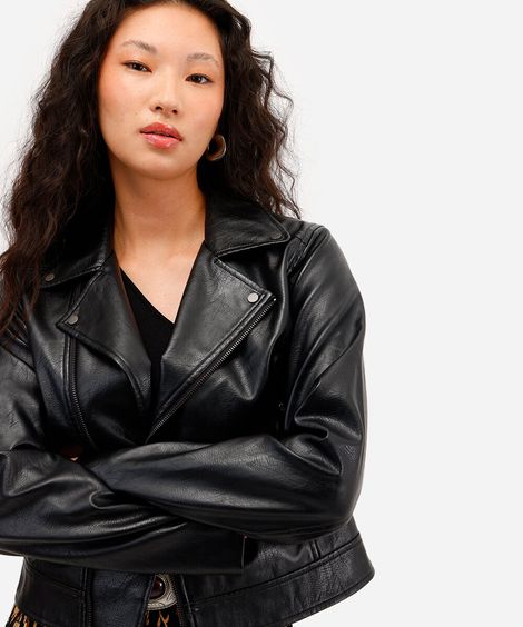 jaqueta biker feminina com bolsos preta