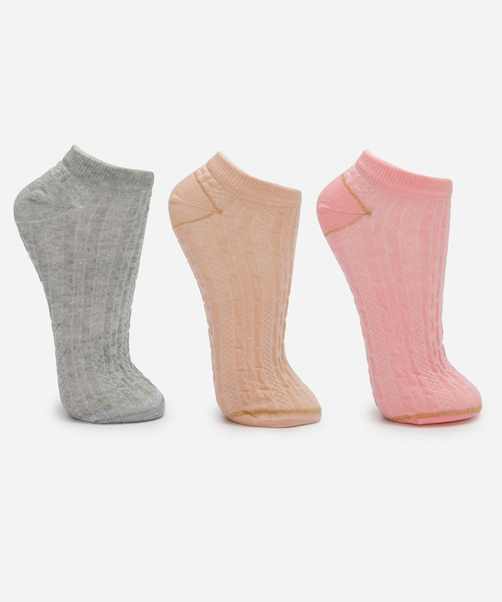 kit de 3 pares de meias femininas cano baixo texturizada com lurex colorida