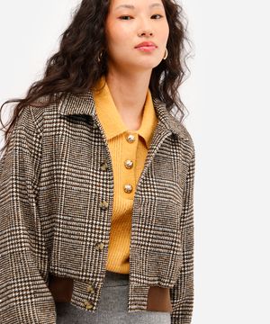 jaqueta bomber feminina texturizada xadrez marrom