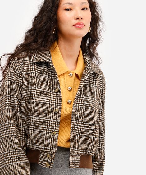 jaqueta bomber feminina texturizada xadrez marrom