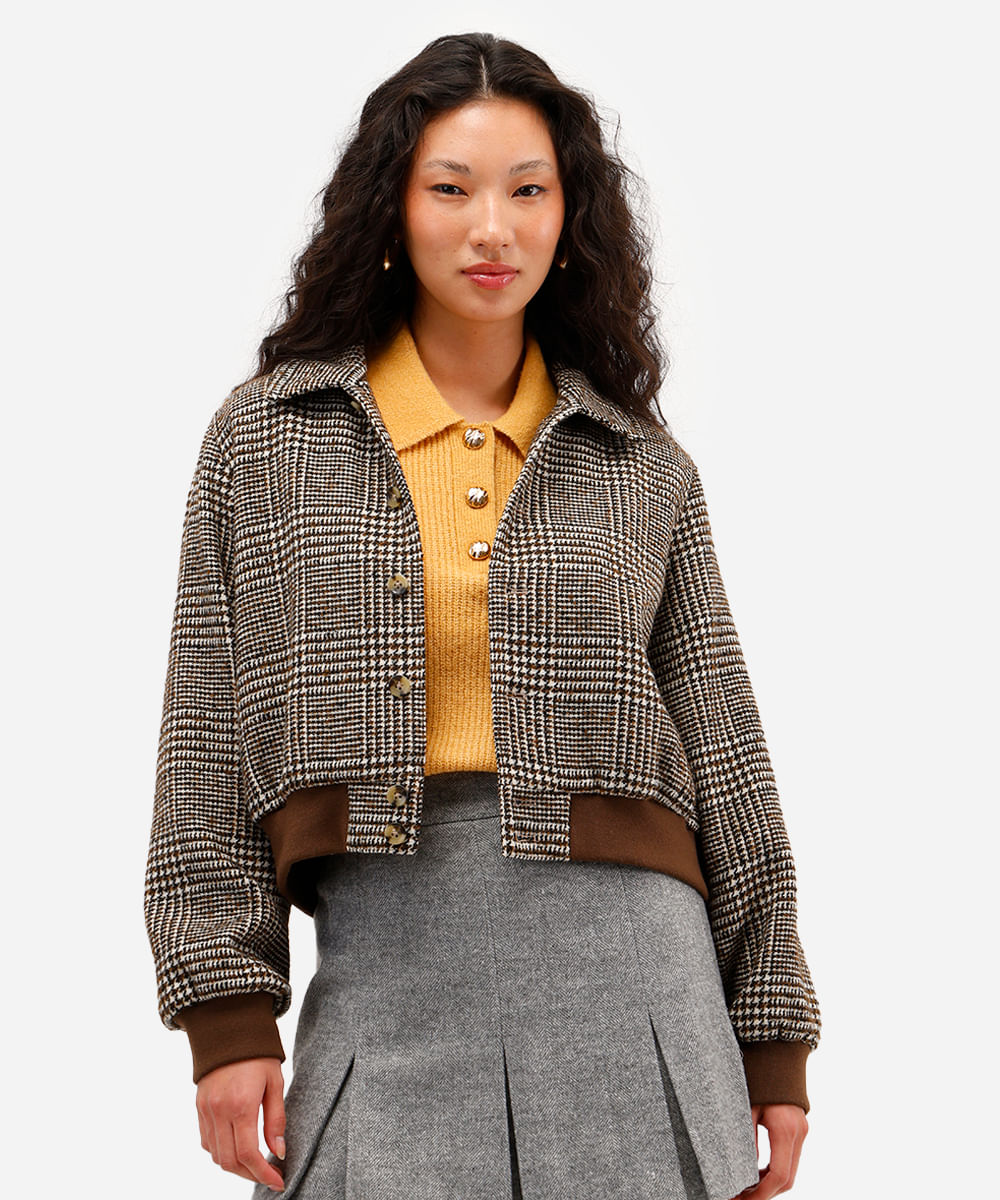 jaqueta bomber feminina texturizada xadrez marrom
