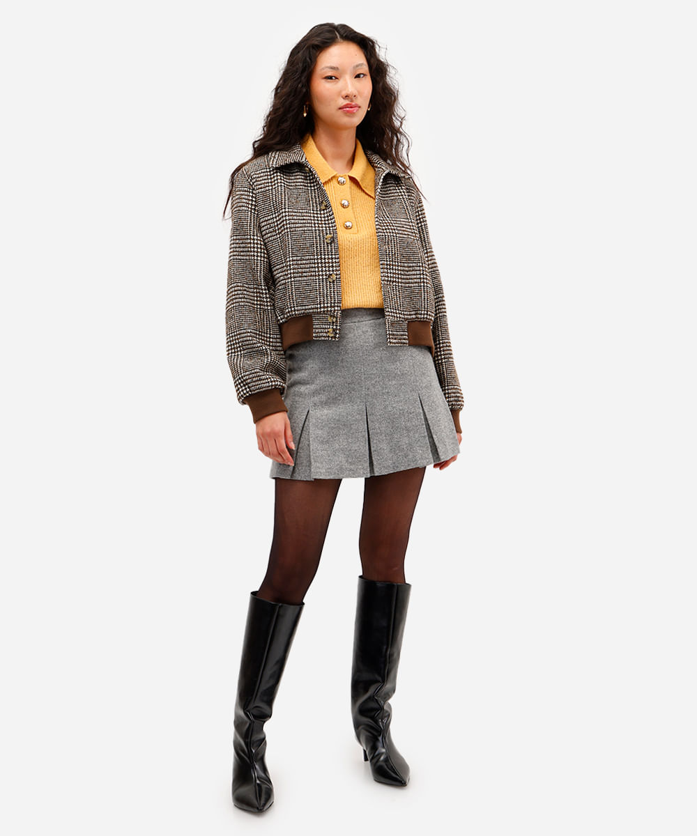 jaqueta bomber feminina texturizada xadrez marrom