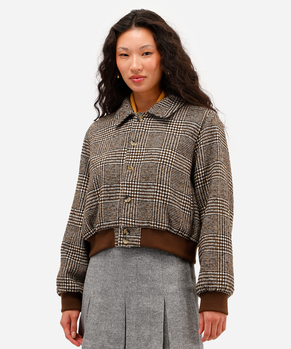 jaqueta bomber feminina texturizada xadrez marrom