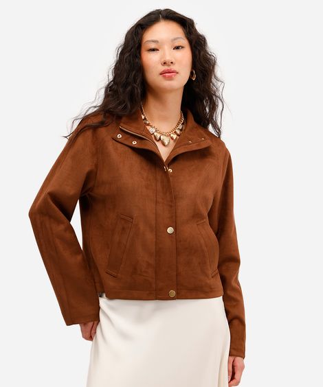 jaqueta feminina de suede gola alta marrom
