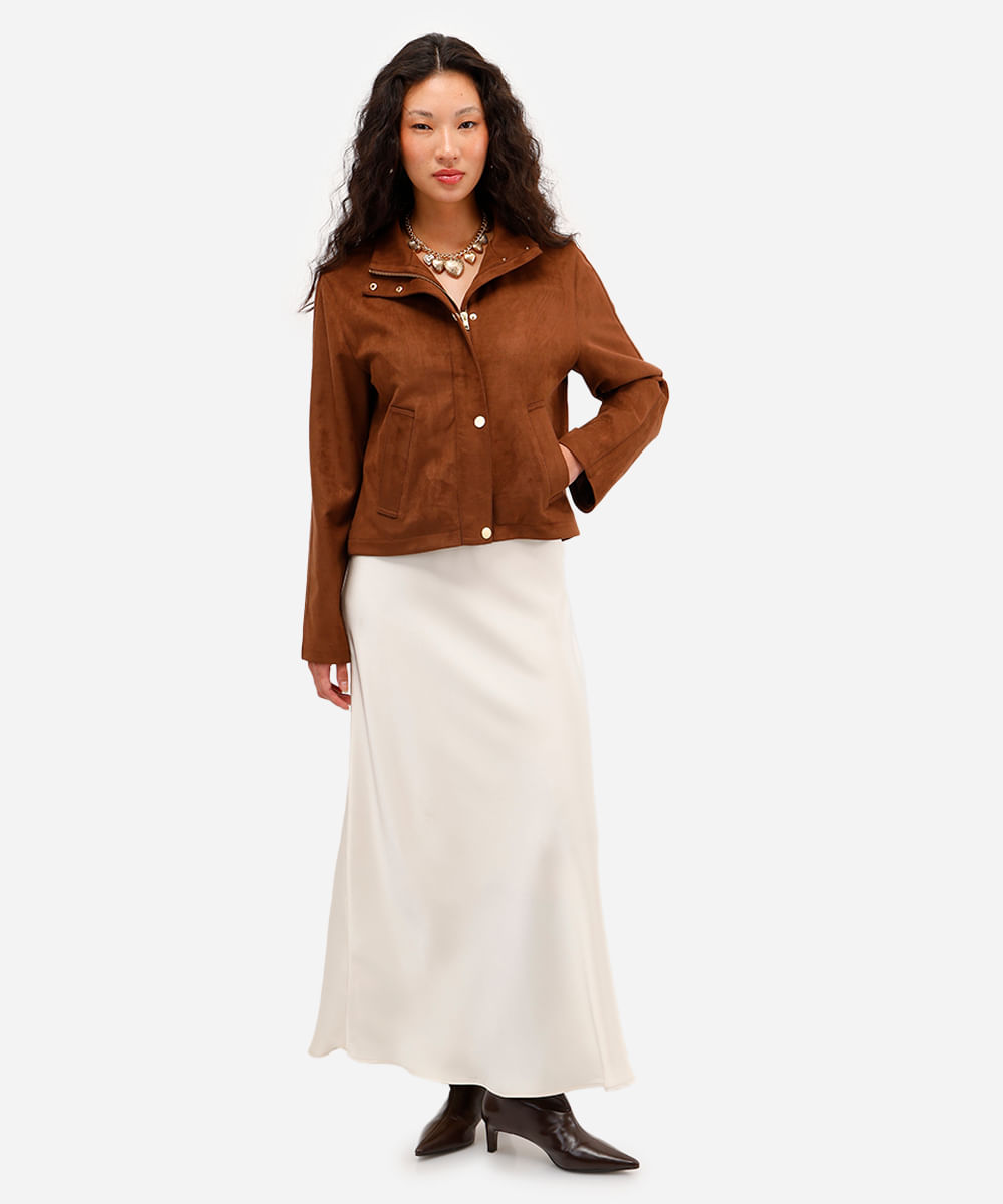 jaqueta feminina de suede gola alta marrom