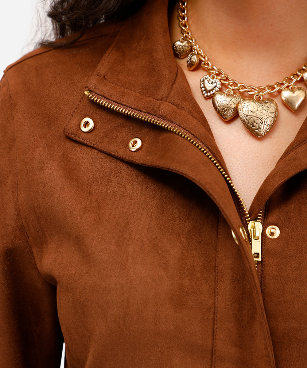 jaqueta feminina de suede gola alta marrom