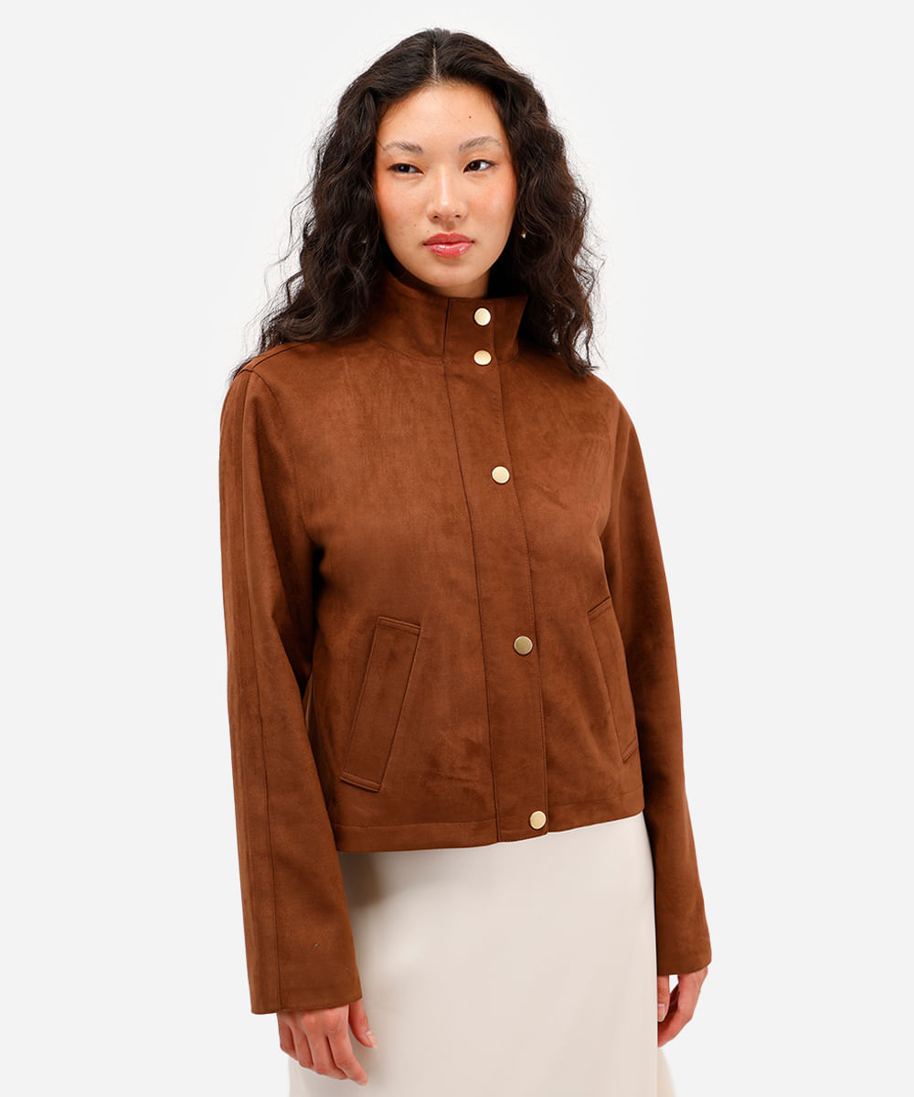 jaqueta feminina de suede gola alta marrom