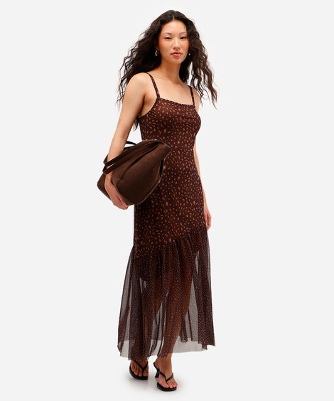 vestido midi feminino de tule animal print marrom