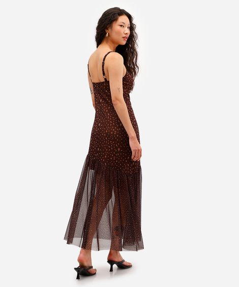 vestido midi feminino de tule animal print marrom