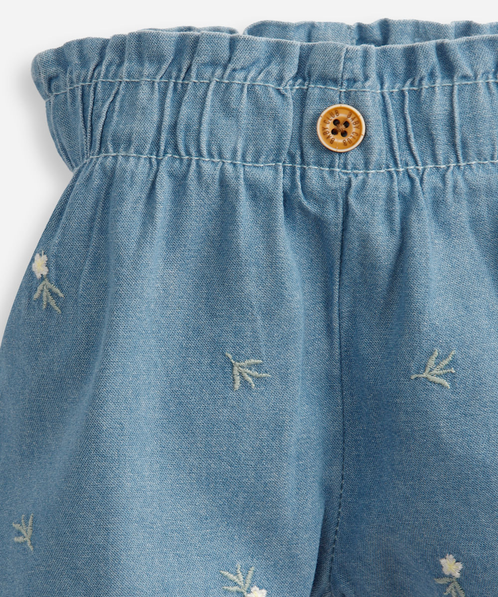 short clochard infantil jeans floral azul