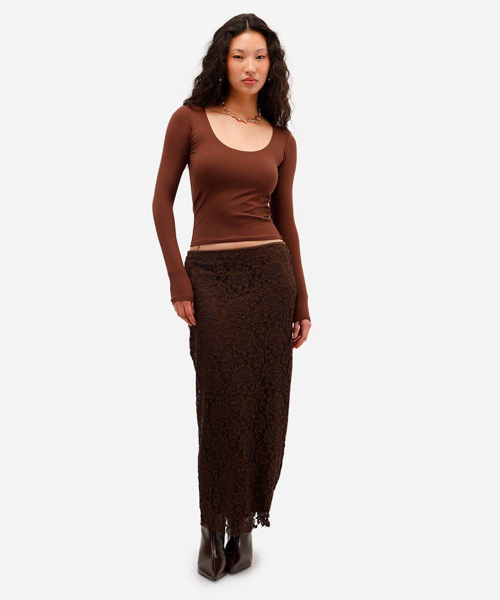 saia midi feminina de renda floral marrom