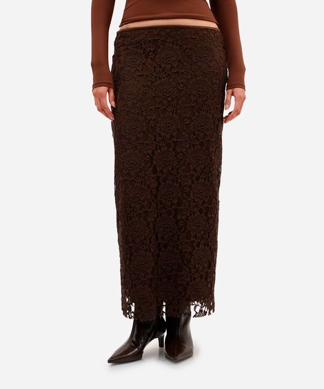 saia midi feminina de renda floral marrom