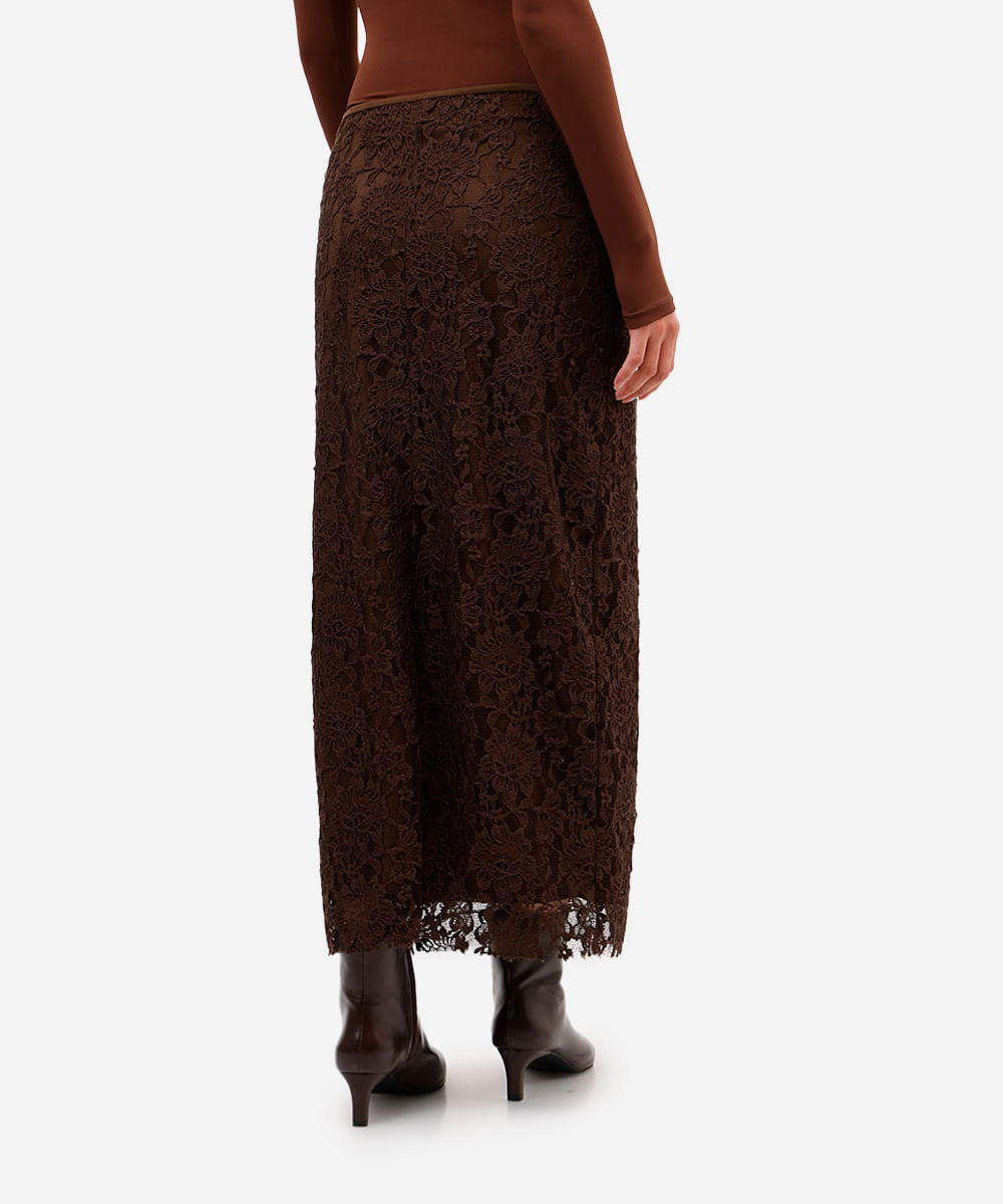 saia midi feminina de renda floral marrom