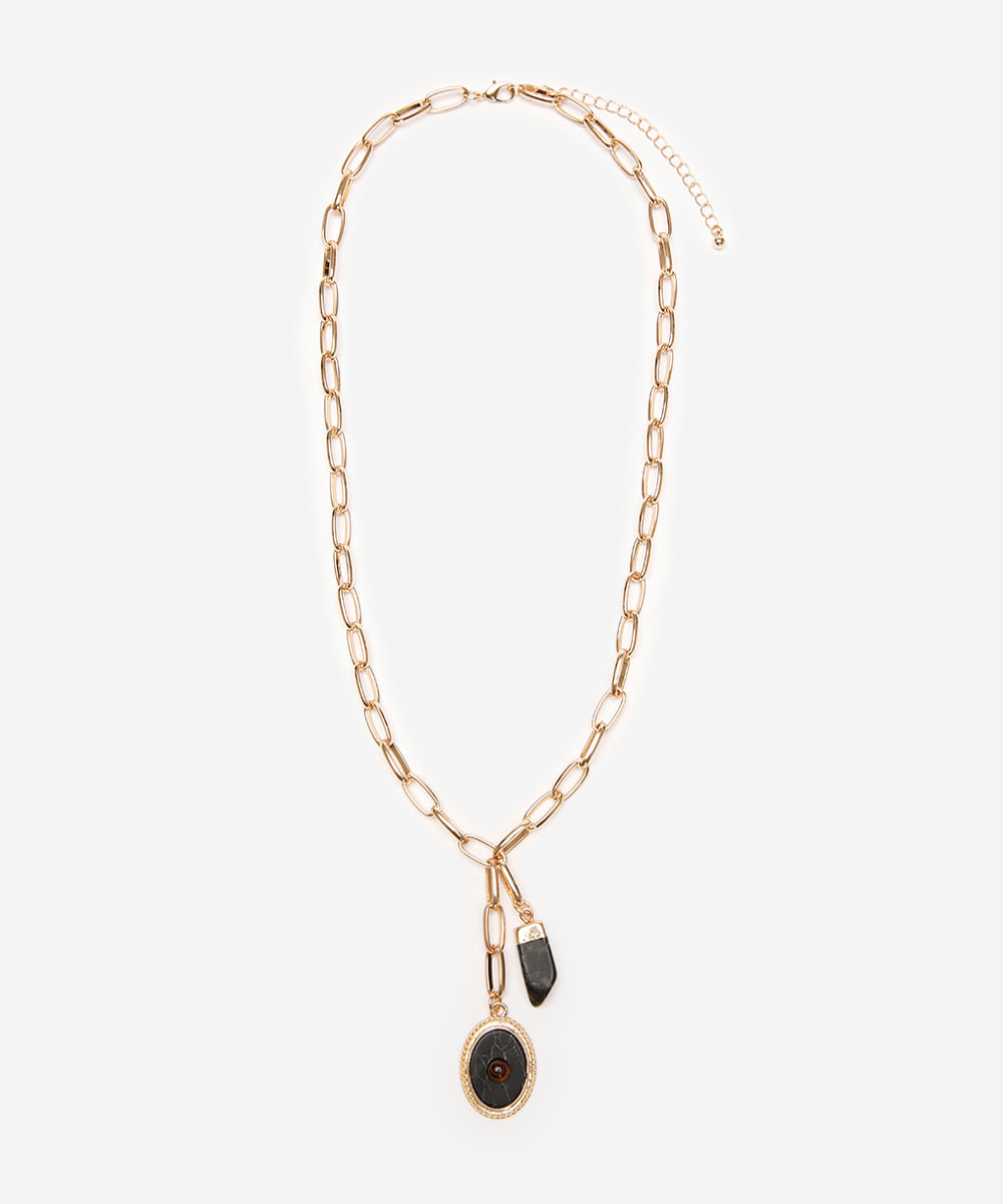 colar de corrente com pingente pedrarias - ouro